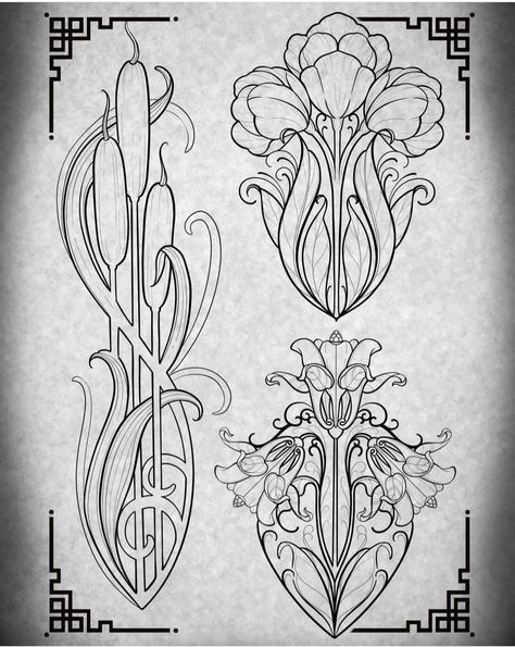 Fleurs Art Nouveau, Art Nouveau Tattoo, Motifs Art Nouveau, Nouveau Tattoo, Motif Art Deco, Art Nouveau Pattern, Art Nouveau Flowers, Art Nouveau Illustration, Ornamental Tattoo