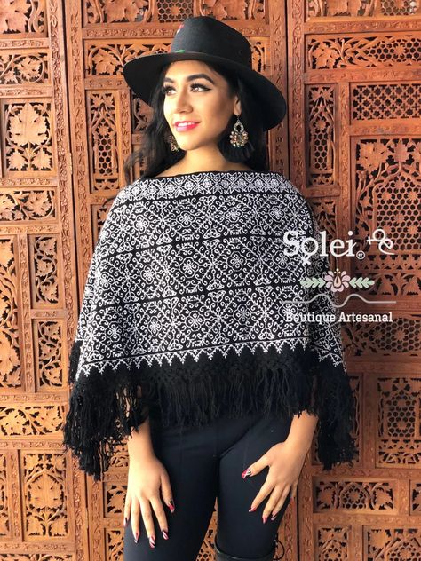 Mexican Embroidered Poncho. Isla Fair Poncho. Mexican | Etsy Black Poncho Outfit, Black Cat Crochet, Witchy Crochet, Mexican Fiesta Dresses, Witchy Black Cat, Outfit Mexicano, Poncho Mexican, Crochet Fall Decor, Poncho Outfit