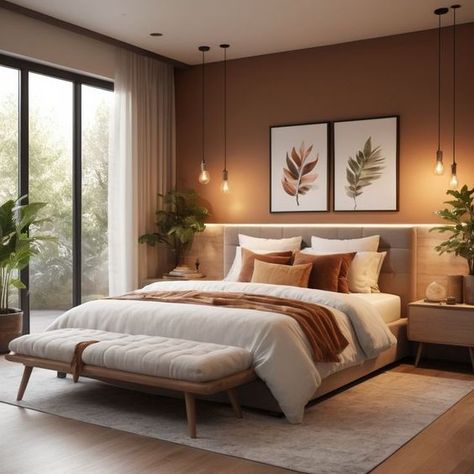 Home Decor: #homedecor, #interiordesign, #homedesign, #decor inspiration Light Brown Bedroom Walls, Cinnamon Bedroom, Greenery Bedroom Ideas, Warm Minimalist Bedroom, Warm Tone Bedroom, Warm Toned Bedroom, Serene Bedroom Ideas, Romantic Bedroom Ideas For Couples, Warm Bedroom Colors