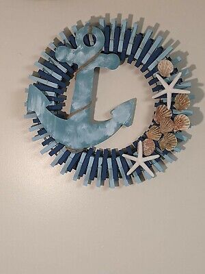 Get in the summer vibes with this homemade hand painted nautical clothespin wreath. It can also come in your colors of choice Clothespin Wreath, Handmade Door, Nautical Wreath, Clothes Pin Wreath, Beach Theme Decor, 4th July, Beach Theme, Door Wreath, Selling On Ebay