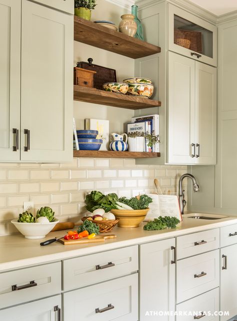 At Home in Arkansas | May 2015 | Heirloom Revival Floating Shelves Between Cabinets, Shelves Between Cabinets, Countertop Concrete, Cream Cabinets, Wooden Kitchen Cabinets, Shelves Ideas, Table Wall, Wood Kitchen Cabinets, Rustic Kitchen Decor