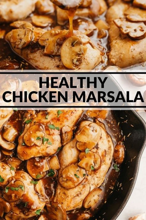 If you love saucy chicken you'll be a big fan of this Healthy Chicken Marsala! Seasoned chicken breasts simmer in a rich mushroom sauce! Serve over noodles, mashed potatoes, roasted potatoes, roasted broccoli, cauliflower rice, or traditional rice. Healthy Chicken Marsala, Broccoli Cauliflower Rice, Lite Recipes, Saucy Chicken, Turkey Dinners, Potatoes Roasted, Best Healthy Dinner Recipes, Low Calorie Dinners, Seasoned Chicken