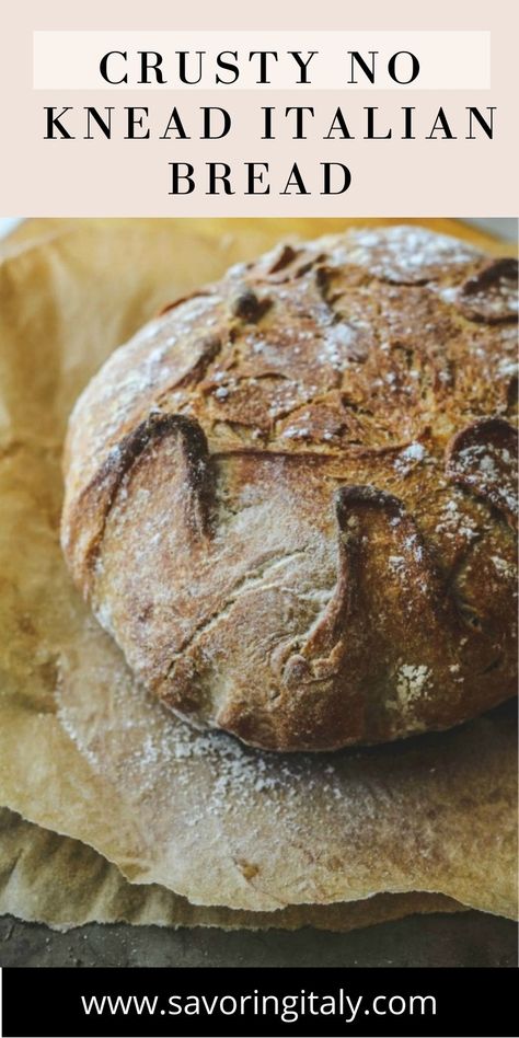 Crusty No Knead Italian Bread is a fast and easy ! It’s just like the bread my Italian mother-in-law makes!! This delicious bread is made in your Dutch oven and is ready in a few hours-no need to have it rise overnight! Perfectly crisp crust and soft on the inside. This bread is quick to make with unbelievable results!! Rustic Italian Crusty Bread Recipe, Italian Bread Recipes Crusty, No Knead Italian Bread, Italian Crusty Bread, Crusty Italian Bread Recipe, Crust Bread, Italian Bread Recipe, Traditional Bread Recipe, Rustic Italian Bread