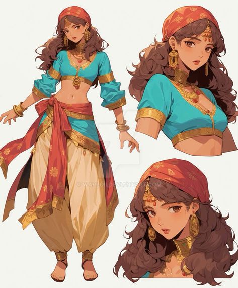 Belly Dancer Fantasy Art, Persian Character Design, Spanish Character Design, Romani Character Design, Belly Dancer Drawing, Arabic Character Design, Arabian Character Design, Middle Eastern Character Design, Adventurer Character Design