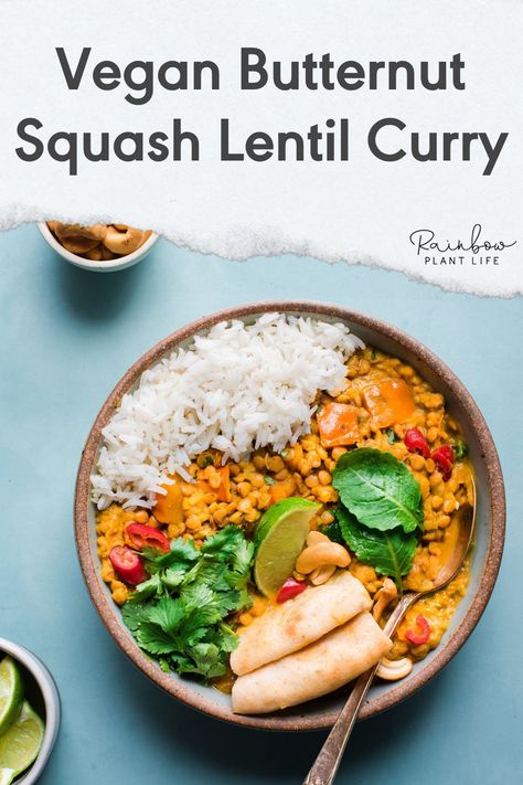 Vegan Butternut Squash Lentil Curry | Rainbow Plant Life- With just a few minutes of hands-on cooking, this Instant Pot Butternut Squash Lentil Curry will become your go-to for weeknight meals. It’s hearty, healthy comfort food at its finest (and easiest). It also makes for a cozy fall meal and Thanksgiving dish! Click for the recipe! Butternut Squash Lentil, Instant Pot Butternut Squash, Gluten Free Instant Pot Recipes, Gluten Free Instant Pot, Vegan Butternut Squash, Vegan Instant Pot Recipes, Vegan Brunch, Healthy Comfort, Vegan Curry