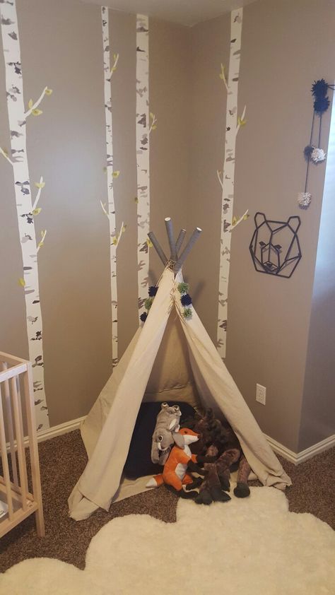 Diy teepee for baby boys nursery. Only spent $20! Used PVC pipe (covered the tips with yarn), draped the pipe with a canvas dropcloth from the paint section at Lowes. Boy Themed Rooms, Diy Kids Teepee, Teepee Nursery, Boys Room Diy, Baby Nursery Ideas, Diy Teepee, Themed Rooms, Baby Boy Shower Favors