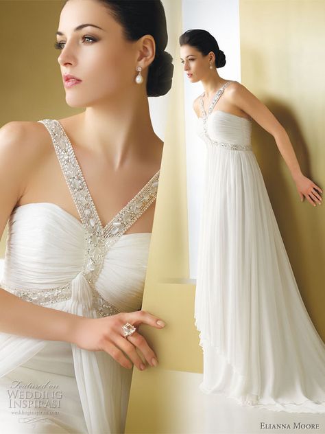 WHAT DO YOU THINK OF THIS. ALL BODY TYPES. Elianna Moore wedding dress 2011  - Baria crinkle chiffon wedding gown Egyptian Wedding Dress, Greek Goddess Wedding Dress, Goddess Wedding Dress, Egyptian Wedding, Elegant Wedding Gown, Chiffon Wedding Gowns, White Bridal Dresses, Beautiful Wedding Gowns, Country Dresses