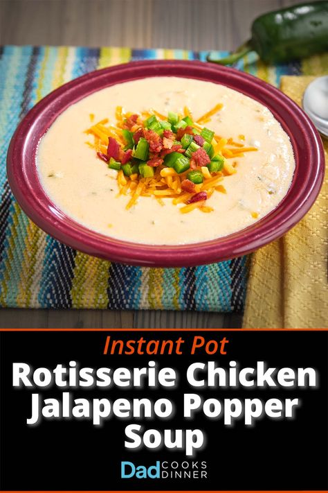 Instant Pot Rotisserie Chicken, Popper Soup, Chicken Jalapeno Popper, Chicken Jalapeno, Rotisserie Chicken Soup, Chicken Poppers, Soup Creamy, Jalapeno Popper Chicken, Jalapeño Poppers