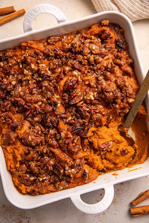 Southern Mashed Sweet Potato Casserole with Pecan Topping Mashed Sweet Potato Casserole, Pioneer Woman Sweet Potatoes, Sweet Potatoes Brown Sugar, Mashed Sweet Potato, Sweet Potato Pecan, Sweet Potato Casserole Easy, Pecan Topping, Sweet Potato Recipes Casserole, Recipes With Marshmallows