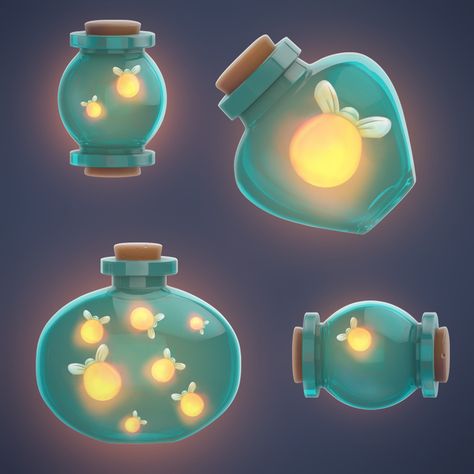 Cartoon Firefly, Firefly In A Jar, Firefly Illustration, Jar Of Fireflies, Game Design Art, Firefly Art, Game Textures, Match 3 Games, Magic Bottles