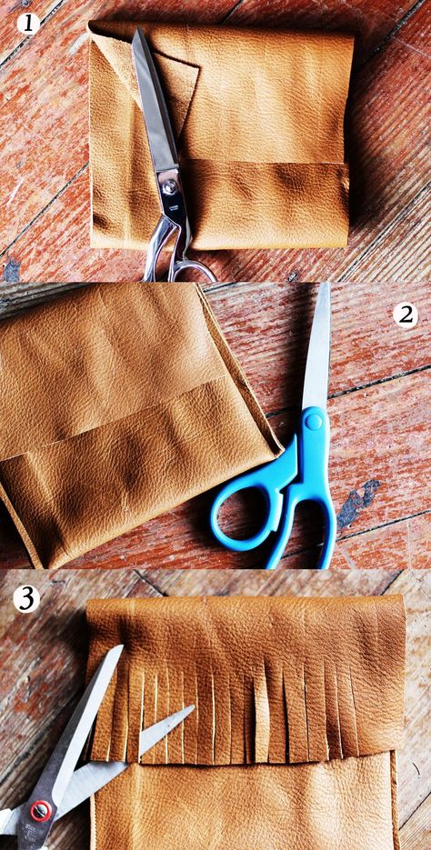 Tips for Sewing Leather - A Beautiful Mess Beginner project❤️ Clutch Diy, Leather Fringe Purse, Tips For Sewing, Diy En Cuir, Sew Ins, Fringe Purse, Diy Purse, Sewing Leather, Leather Projects