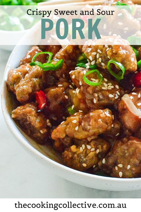 Crispy sweet and sour pork made with golden fried pork, pineapple pieces, capsicum and onion, all tossed through a glossy sweet and sour sauce. A homemade takeout recipe that the whole family will love! With a crunchy coating and easy air fryer and stove top methods, skip the Chinese takeaway and give this easy stir fry recipe a try at home instead! Crispy Pork Stir Fry, Air Fryer Sweet And Sour Pork, Pancreatic Diet Recipes, Homemade Takeout, Pork Pineapple, Work Recipes, Easy Stir Fry Recipes, Chinese Takeaway, Pork Stir Fry