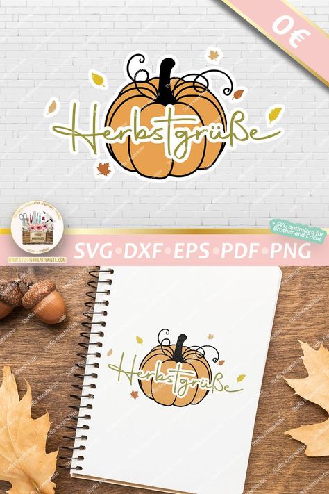 Banner mit einer digitalen Illustration des deutschen Wortes Herbstgrüße mit Kürbis und Blättern zum Thema Herbst, als Freebie, in den Dateiformaten Cricut SVG, PNG, DXF, EPS und PDF, die sich als Plotterdateien, Schnittdateien, Clipart, Digistamps und zur Sublimation eignen.