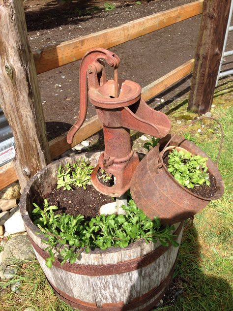 Whiskey barrel, old water pump and antique melting pot filled with sky blue lobelia Old Water Pumps, Blue Lobelia, Garden Junk, Magic Garden, Garden Containers, Garden Yard Ideas, Garden Planter, Melting Pot, Whiskey Barrel