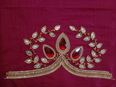 Tilak shape designer blouse Kundan stone zardosi work Thilagam Shape, Kundan Stone Work Blouse Designs, Stone Work Blouse Designs, Stone Work Blouse, Work Blouse Designs, Zardosi Work, Aari Blouse, Basic Design, Designer Blouse