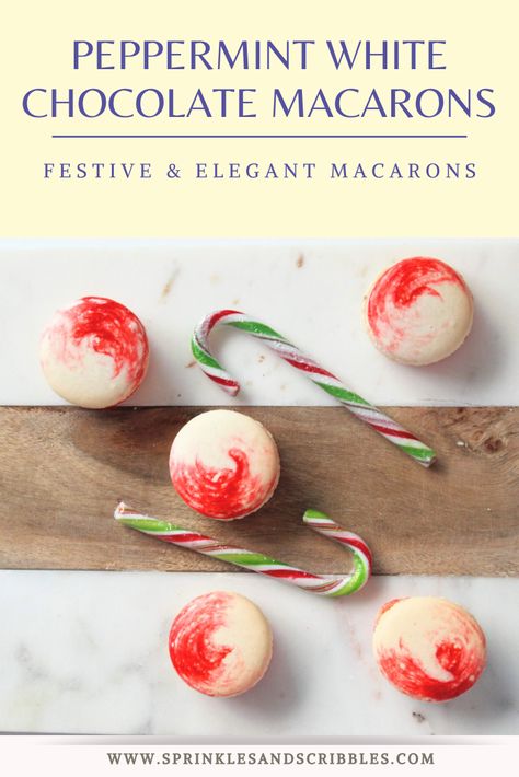 Peppermint Macarons, White Chocolate Macarons, White Chocolate Filling, Peppermint White Chocolate, Small Batch Cookie Recipe, Small Batch Cookies, Christmas Macarons, White Chocolate Peppermint, Chocolate Macarons