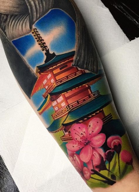 Japanese Temple Tattoos: Meanings, Symbolism & More Japanese Temple Tattoo, Samurai Tattoo Sleeve, Temple Tattoo, Japanese Buddhism, Around Arm Tattoo, Black Art Tattoo, Wrist Tattoo Ideas, Japan Temple, Japanese Pagoda