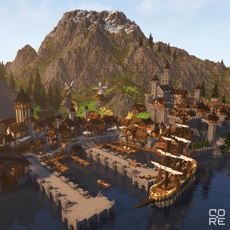 Minecraft Docks Ideas, Midevil Minecraft Town, Minecraft Port Town, Minecraft Medieval City, Minecraft River, Minecraft Dock, Minecraft Medieval Buildings, Minecraft Medieval Village, Minecraft Dream