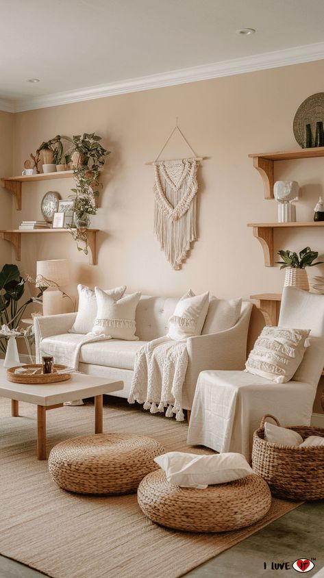 neutral boho home decor Beige Couch Boho Living Room, Beige Boho Living Room, Modern Boho Chic Living Room, Glam Family Room, Beige And White Living Room, Boho Decorating Ideas, Boho Modern Living Room, Boho Living Room Decor Ideas, Hygge Living Room