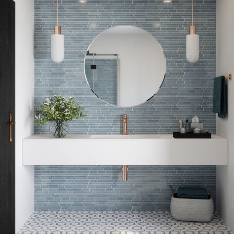 Light Blue Bathroom, Blue Bathroom Tile, Jeffrey Court, Beach House Bathroom, Mosaic Wall Tiles, Bathroom Remodel Designs, Bathroom Inspiration Decor, Blue Bathroom, Bathroom Renos