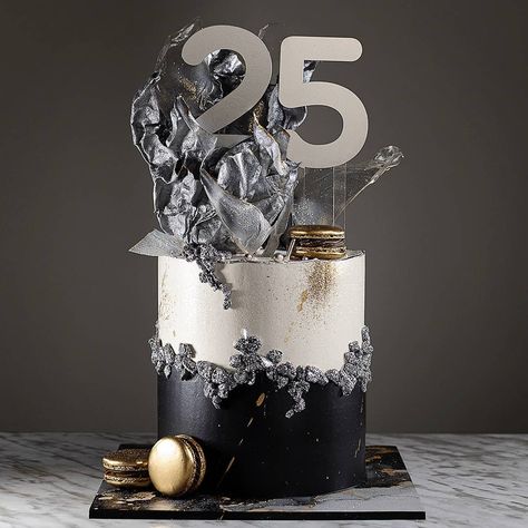 25 Th Birthday Cakes For Men, Black White And Silver Cake, Black And Silver Cakes Birthday, Gold And Silver Cake, Black And Silver Cake, 30th Anniversary Cake, Prom Cake, Male Cakes, 25th Anniversary Cake