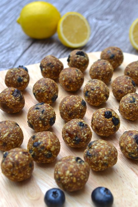 Lemon & Blueberry Energy Balls | Every Last Bite Blueberry Energy Balls, Bread Balls, Blueberry Bites, Lemon Blueberry Pancakes, Pecan Muffins, Snack Balls, Coconut Ginger, Specific Carbohydrate Diet, Dried Berries