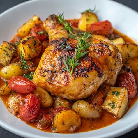 Chicken with Peppers and Fondant Potatoes in Tomato Sauce Discover this delicious chicken dish with peppers and tender potatoes, simmered in a fragrant tomato sauce. A comforting meal full of flavor, perfect for a dinner with family or friends. 📋 Ingredients: 4 chicken thighs 🍗 2 peppers (red and green) 4 potatoes 🥔 1 onion 2 cloves of garlic 400 g canned crushed tomatoes 🍅 200 ml of chicken broth 🍲 2 tablespoons of olive oil Salt, pepper, paprika and dried oregano to taste 🌿 A few fresh ... Dinner Recipes With Potatoes And Chicken, Chicken Florentine Recipe, Chicken With Tomatoes, Potatoes Tomatoes, Fondant Potatoes, Season Chicken, Tomato Chicken, Chicken Pieces, Chicken Dish