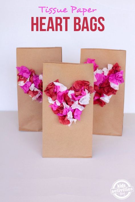 Tissue Paper Hearts, Heart Bags, Valentines Day Bags, Tissue Paper Craft, Paper Bag Crafts, Tissue Paper Crafts, Valentinstag Party, Valentines Gift Bags, Valentine's Day Crafts For Kids