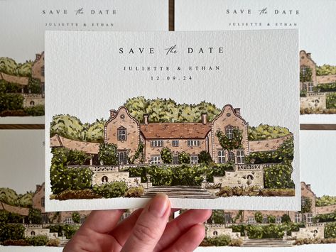 "These save the dates feature a hand painted illustration of your wedding venue They are 5x7 inches in size and are printed onto 316gsm textured fine art paper Each save the date comes with a 5x7\" envelope Ordering: - Select the quantity of save the dates you need from the drop down menu - Add to your basket and checkout - Message me with a photo of your wedding venue, bride and groom names, wedding date - You can Etsy message me this information or email it to me at sarahwrightartist@gmail.com Save The Date Ideas Watercolor, Watercolor Save The Date Wedding, Hand Painted Save The Date, Illustrated Save The Date, Hand Drawn Save The Date, Save The Date Drawing, Unique Save The Date Ideas, Save The Date Illustrations, Wedding Schemes