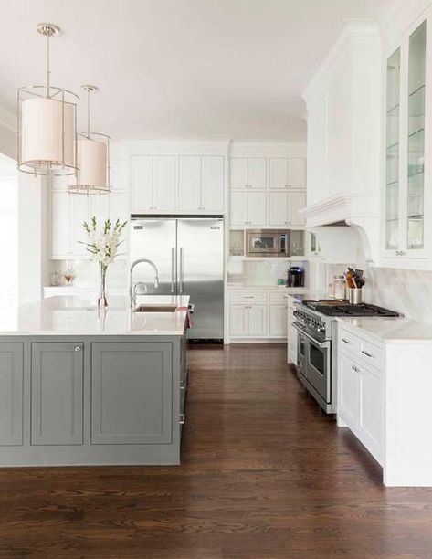 Gray Island White Cabinets, Contrasting Kitchen Island, Colored Cabinets, Island Interior, Island Cabinets, Gray Island, Grey Kitchen Island, Floor Stain, White Kitchen Island