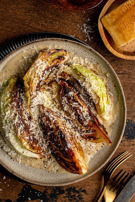 Take a basic vegetable and elevate with a few ingredients like with this charred cacio e pepe cabbage with mustard whiskey sauce. #sidedishrecipe #vegetarian #sidedishes Charred Cabbage, Best Cabbage Recipe, Whiskey Sauce, Seasoned Veggies, Keto Side Dishes, Cabbage Recipes, Health Eating, Vegetable Sides, Holiday Cooking