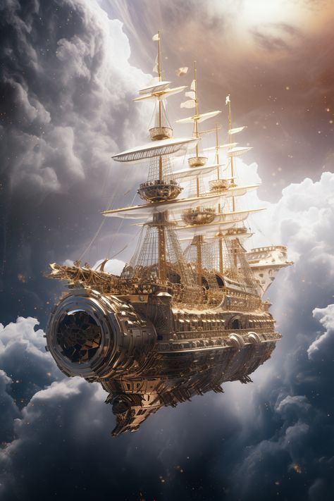 Sky Pirate Ship, Spelljammer Ships Concept Art, Flying Ship Fantasy Art, Space Pirate Ship, Ghost Ship Art, Flying Ships, Fantasy Ships, Steampunk Ship, Airship Art