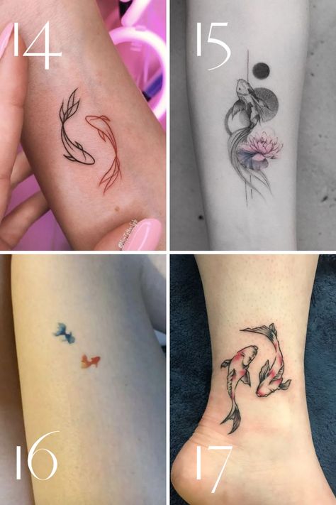 Meaningful Koi Fish Tattoo Ideas + Designs - TattooGlee Koi Fish Sister Tattoo, Mini Koi Tattoo, Small Koi Tattoo For Women, Two Coy Fish Tattoo, Small Koi Fish Tattoo Design, Koi Fish Infinity Tattoo, Mini Koi Fish Tattoo, Twin Fish Tattoo Meaning, Betta Fish Tattoo Minimalist