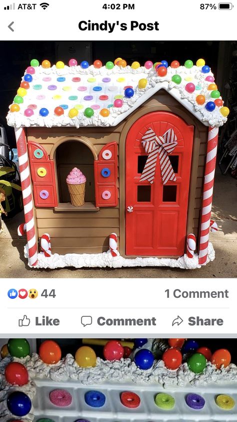 Christmas Decor Ideas Outdoor Gingerbread House, Life Size Cardboard Gingerbread House, Candyland Playhouse, Playhouse Into Gingerbread House, Playhouse Gingerbread Makeover, Gingerbread House Playhouse, Christmas Yard Displays Diy, Candyland Parade Float Ideas, Candy Land Float Parade