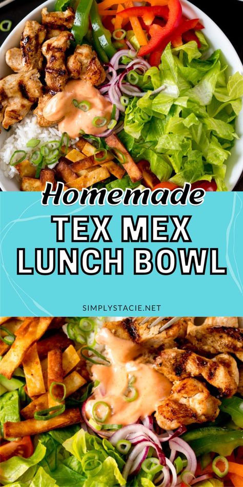 Two image collage showing close ups of the recipe. Tex Mex Bowl, Burrito Toppings, Chicken Bowl Meal Prep, Tex Mex Salad, Creamy Chili, Lunch Bowl Recipe, Simple Meal Prep, Tex Mex Chicken, Spicy Salad