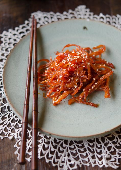 Spicy Shredded Squid Side Dish | Beyond Kimchee Asian Sides, Rice Dishes Recipes, Korean Dessert, Korean Side Dishes, Spicy Seasoning, Dream Food, Korean Cooking, Korean Dishes, Fried Tofu