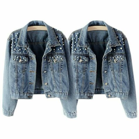 Fashionable Style Plus Size Women's Pearl Denim Jacket Loose Fit Casual Bike Party Outfit Plus Size, Vestiti In Jeans, Pearl Jacket, Studded Denim Jacket, Casual Denim Jacket, Embellished Denim Jacket, Elegante Y Chic, Jeans Claro, Jean Jacket Women