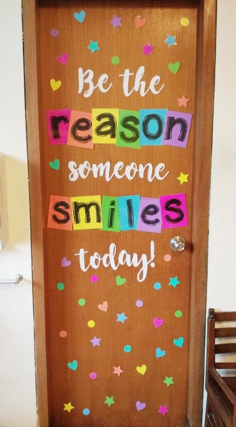 How i love bright colors :) Tried this pin "Be the reason someone smiles today!" on our class' bathroom door.. Bathroom Door Ideas, Class Door Decorations, School Door Decorations, Kindergarten Classroom Decor, Teacher Treats, Preschool Classroom Decor, Teacher Doors, School Doors, Elementary Classroom Decor