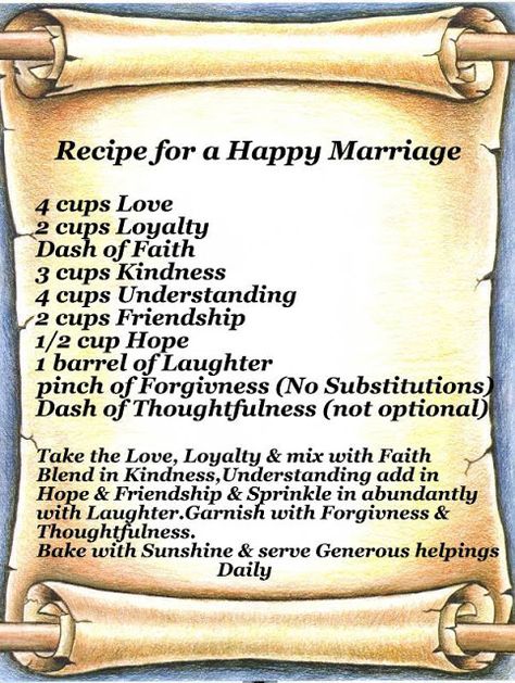 Combat Boots & Diamond Rings: Recipe for a Happy Marriage Recipe For Happy Marriage, Bridal Shower Poems, Recipe For A Happy Marriage, Recipe For Marriage, Ranch Party, Marriage Funny, Prayer For My Marriage, Wedding Verses, Kitchen Bridal Shower