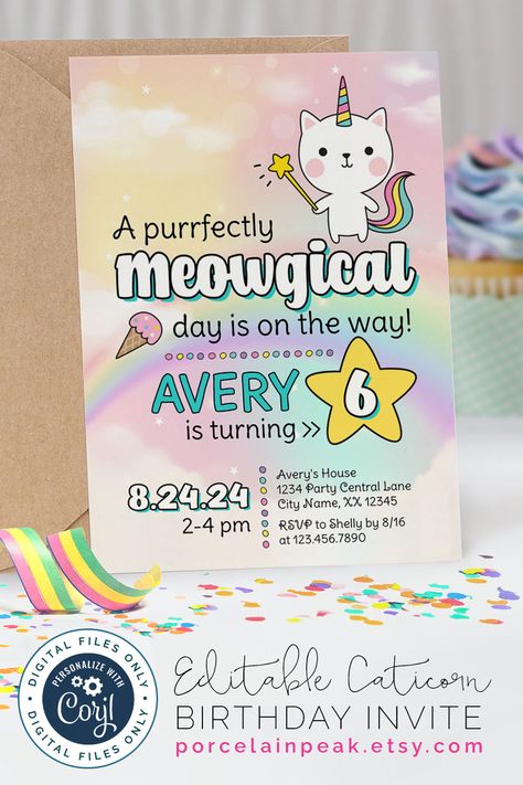 Kitty Corn Birthday Party, Kitty Unicorn Birthday Party, Cat Unicorn Party, Kittycorn Birthday Party, Meowgical Birthday, Caticorn Birthday Party, Country Chic Wedding Invitations, Corn Party, Cat Birthday Party Invitations