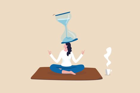 Patience time, practice to concentrate and wait for success, being professional calm and mindfulness thinking, endurance concept, relax woman sitting with sandglass on her head practicing patience. Relax Woman, Practicing Patience, Being Professional, Woman Sitting, School Work, Vector Art, Podcast, Vision Board, Royalty Free