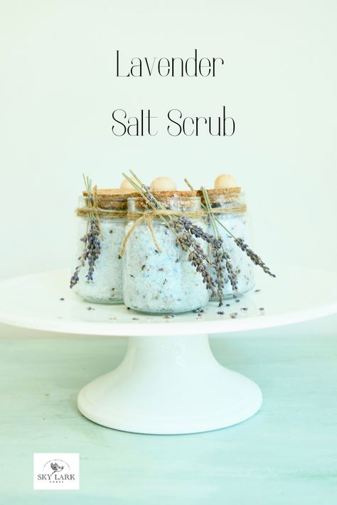 How to Make Lavender Salt Scrub with Coconut Oil - Sky Lark House Coconut Oil Salt Scrub, Lavender Salt, Salt Scrub Diy, Salt Scrub Recipe, Liquid Coconut Oil, Salt Scrubs, Diy Lavender, Homemade Oil, Dried Lemon