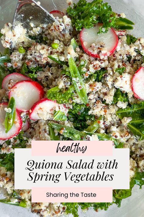 A fresh and flavorful spring quinoa salad with a zesty lemon dressing filled fresh radishes, kale, spring peas, and goat cheese.