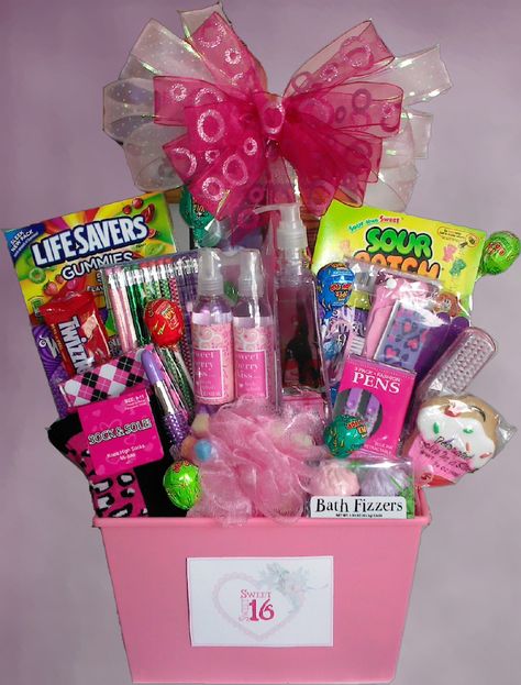 16/Quinceanera gift basket! The receiving teenager will be so excited to receive the various candy items, fashion pens and pencils, body scrub, mani/pedi kit, cupcake bath fizzers, glow in the dark stars for the room, cool notepad, body sponge, berry body spray, knee high socks, and a  lipstick shaped pen!    Add a $30 value Teen Gift Merchandise Book for only $24 more!         Basket price is $45 as is. Diy Halloween Dekoration, Homemade Birthday Gifts, Quinceanera Gifts, Homemade Gift Baskets, Girl Gift Baskets, Girls Easter Basket, Sweet 16 Gifts, Diy Gift Baskets