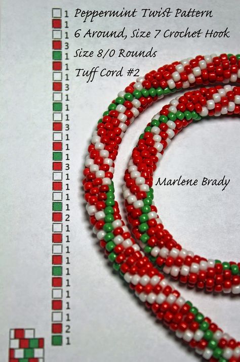 Marlene Brady.  Peppermint Twist pattern, 6 around, Size 8/0 rounds, Size 7 crochet hook & Tuff Cord #2 White Crochet Beads, Crochet Bracelet Pattern, Crochet Beaded Bracelets, Bead Crochet Patterns, Twist Pattern, Bead Crochet Rope, Crochet Rope, Christmas Bead, Beaded Rope