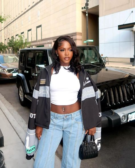 🖤 ON THE ROAD 🖤 @prettytye_ in our Black Oversized Slogan Zipped Racer Bomber Jacket, White Soft Rib Racer Cropped Top and Light Blue Wash Raw Hem Straight Leg Jeans 👖 Tap to shop 🔗 Racer Jacket Outfit, Cross Jacket, Raw Hem Straight Leg Jeans, Motor Cross, Racer Jacket, Cool Fits, Biker Jacket, White Top, Victoria Beckham