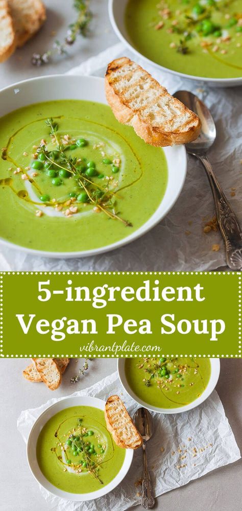 An easy radiant green Vegan Pea Soup that uses only 5 ingredients and 15 minutes to make a delicious meal! #pea #peasoup #vegan #vegetarian #glutenfree #easyrecipe #dinner #recipe Vegan Pea Soup, Vegetable Soup Recipes Healthy, Soup Recipes Healthy Crockpot, Soup Recipes Healthy Vegetarian, Healthy Crockpot Soup, Easy Crockpot Soup, Easy Healthy Soup, Easy Soup Recipes Healthy, Green Pea Soup