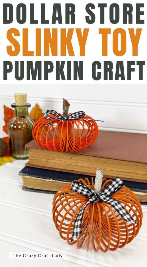 DIY Slinky Pumpkins - An Unexpected Fall Craft - The Crazy Craft Lady Slinky Pumpkins, Diy Slinky, Dollar Store Fall Decor, Fall Mason Jar Crafts, Slinky Toy, Dollar Store Halloween Decorations, Fall Pumpkin Crafts, Fall Decor Diy Crafts, Pumpkin Craft