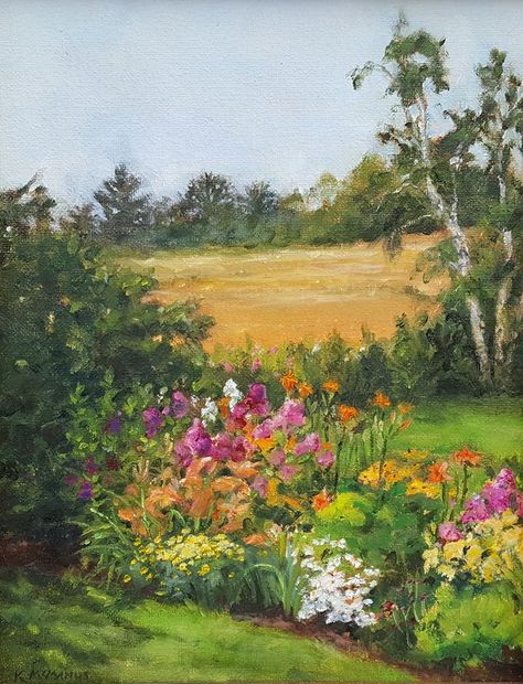 Beautiful Garden Painting, Garden Scene Painting, Flower Farm Painting, Garden Flower Painting, Paintings Of Gardens, Garden Art Painting, Garden Landscape Painting, Garden Painting Art, Garden Acrylic Painting