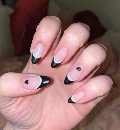 black french tips with white outlines and accent hearts Black French Tip White Outline, Black French Tip Outline, Black French Tips With Hearts, Outline Nails Square, Black French Tip Nails With Heart, Tip Outline Nails, Outlined Nails Square, Athestic Nails, French Tip Outline Nails